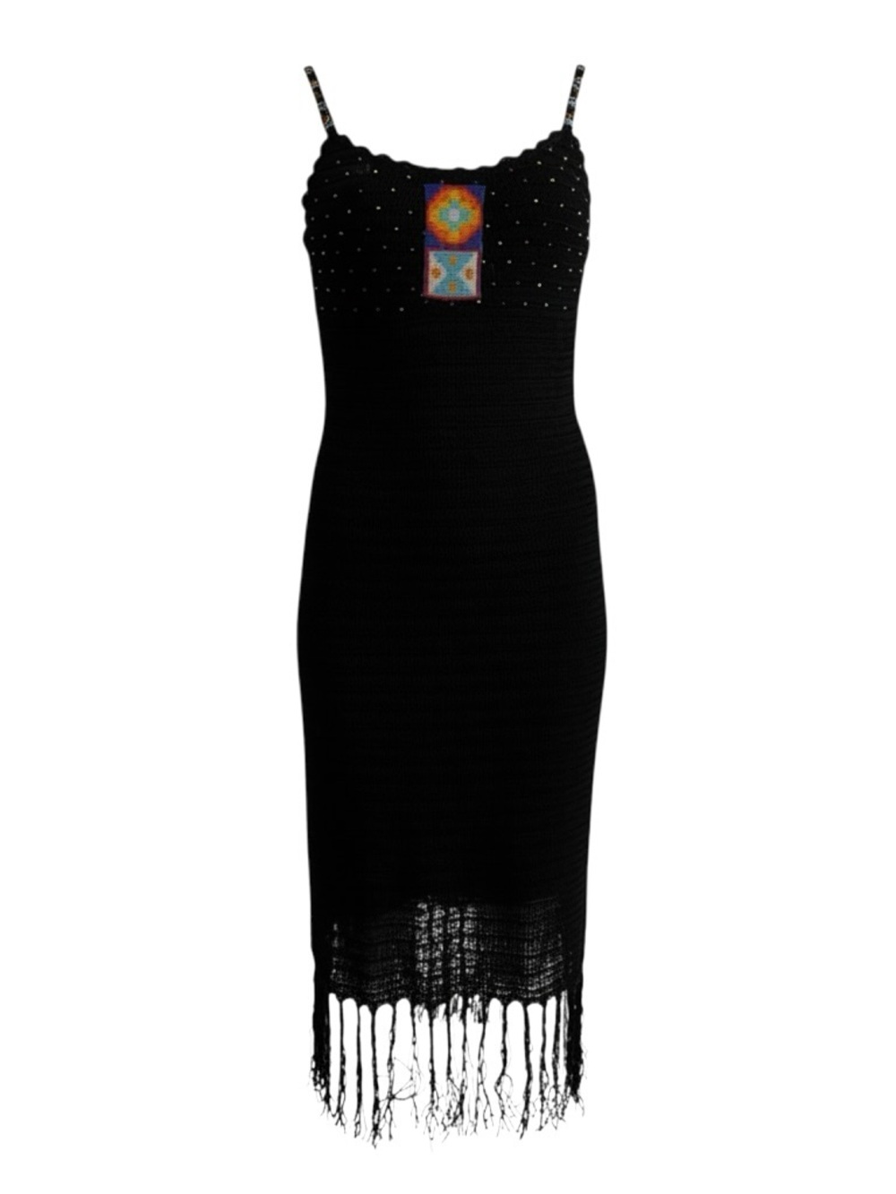 Sue Wong Black Beaded Crochet Fringe Midi Dress
